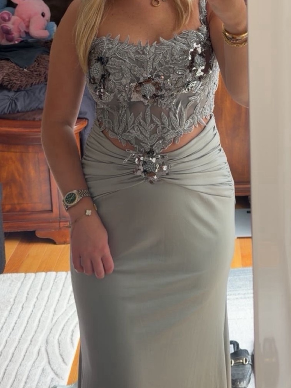 Beaded Lace Cutout Prom Dress in Silver Gray
